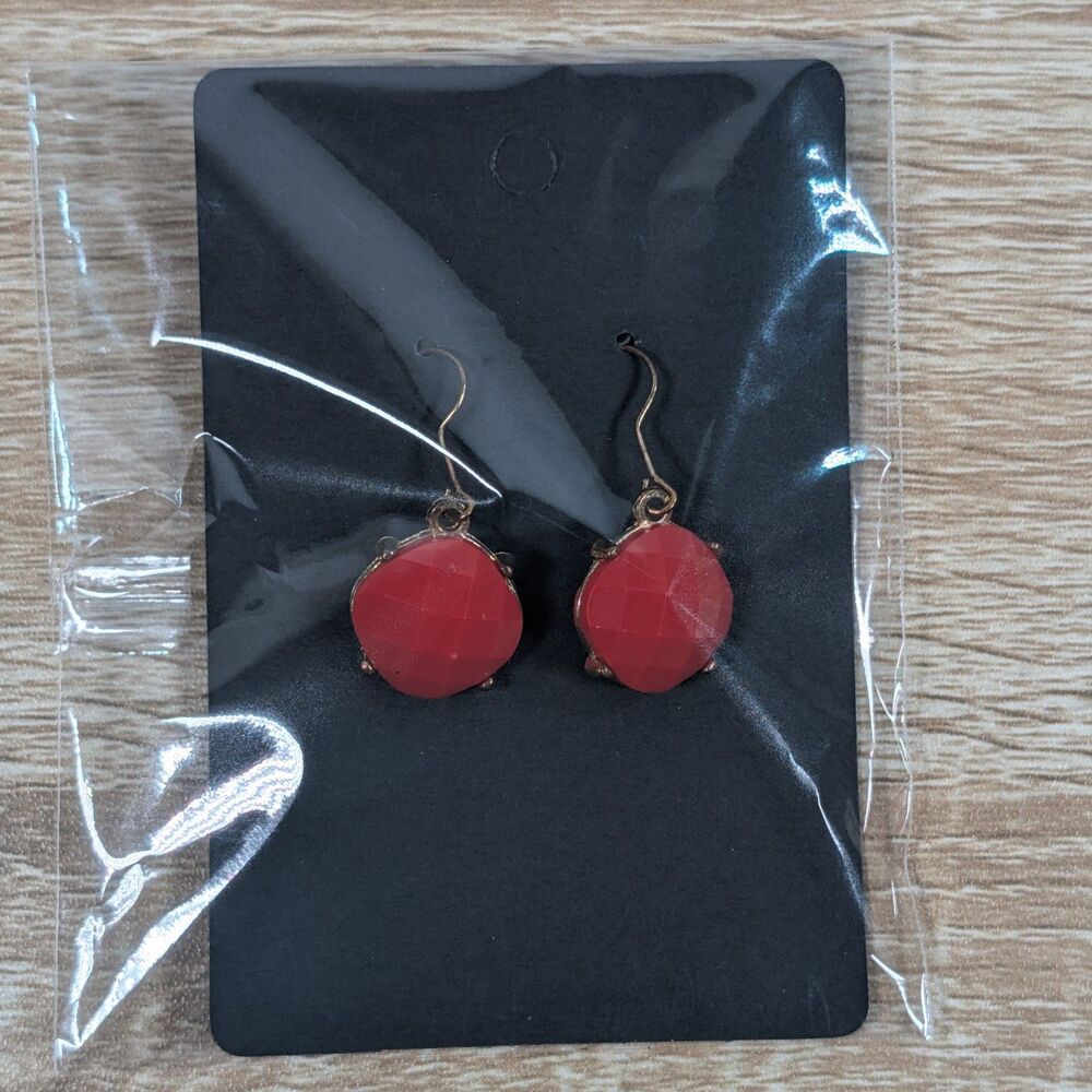 Red Faceted Drop Earrings Gold Tone Dangle Round Statement